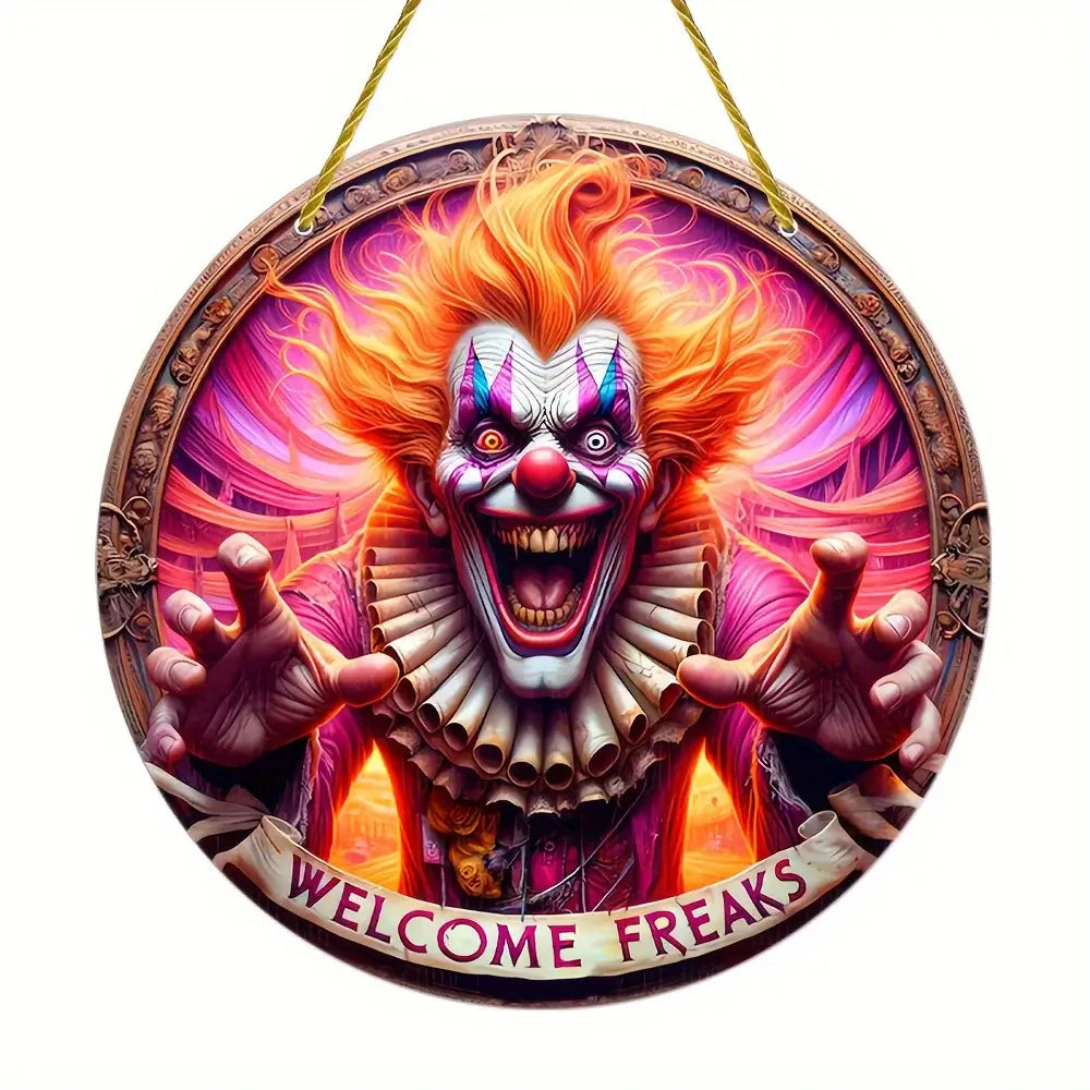 Scary clown Halloween window decoration with 'Welcome Freaks' banner, perfect for haunted house or party decor.