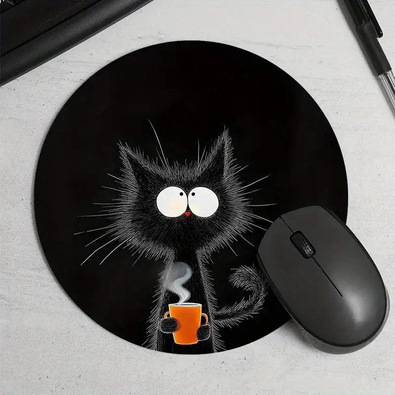 Black Cat Mouse Pad - Non-Slip Rubber Base with a cute wide-eyed cat holding an orange coffee mug, ideal for cat lovers and precise mouse control.
