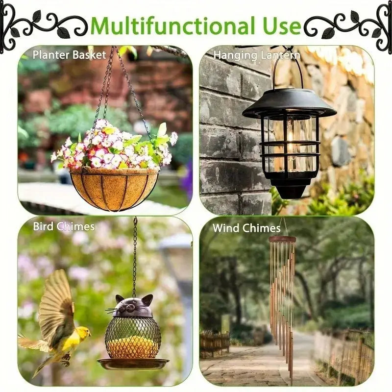 Rustic iron wall bracket used for planter baskets, lanterns, bird chimes, and wind chimes, highlighting its multifunctional use.