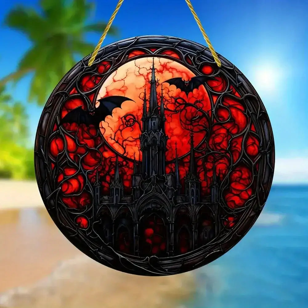 Dark gothic haunted castle Halloween window decoration with red moon and bats, ideal for spooky seasonal home decor.