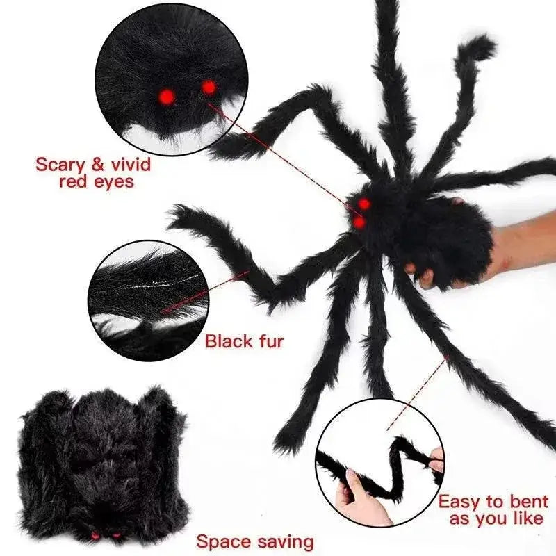 Close-up of Halloween Giant Black Spider Decoration highlighting red eyes, black fur, and bendable legs. Compact and space-saving design for easy storage.