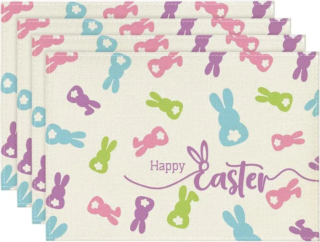 Easter placemats with colorful bunny silhouettes and 'Happy Easter' text. Bright and playful for kids' table settings.