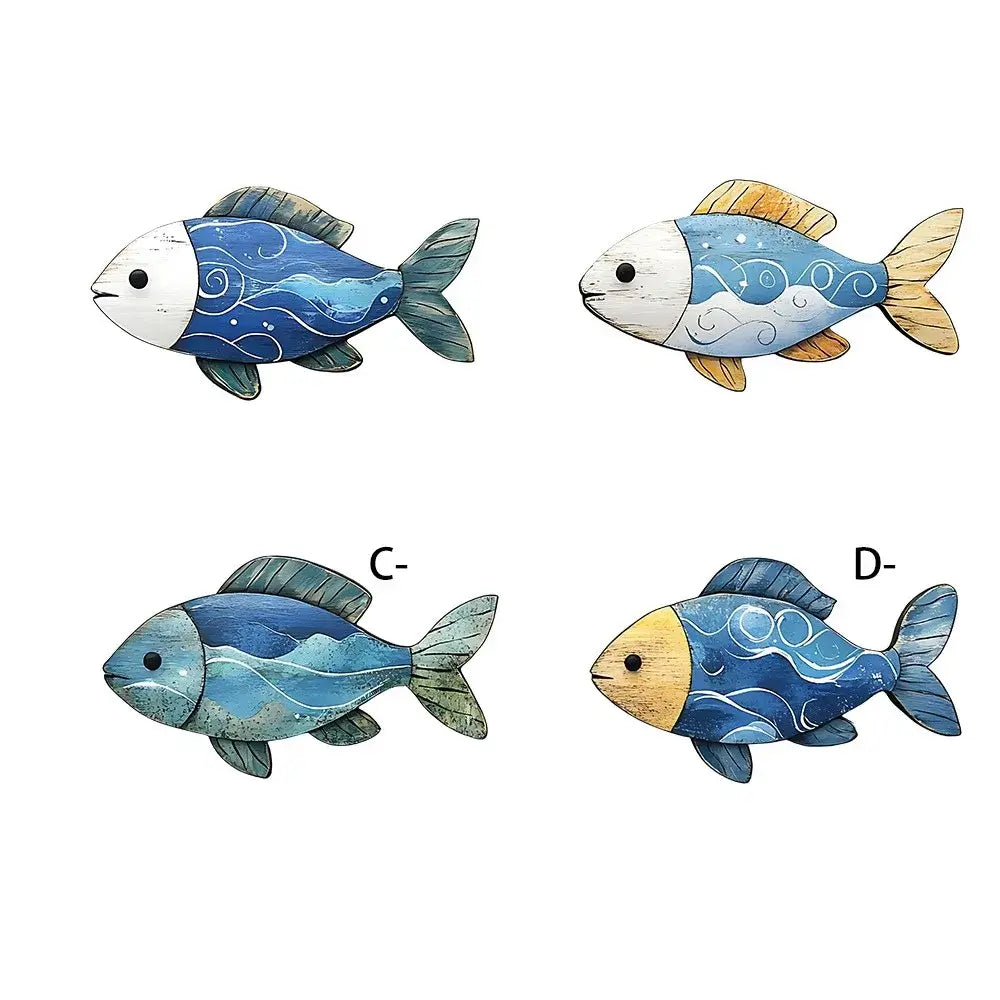 Close-up of four wooden fish figurines in blue and white tones labeled A to D. Perfect for nautical-themed home and garden decor.