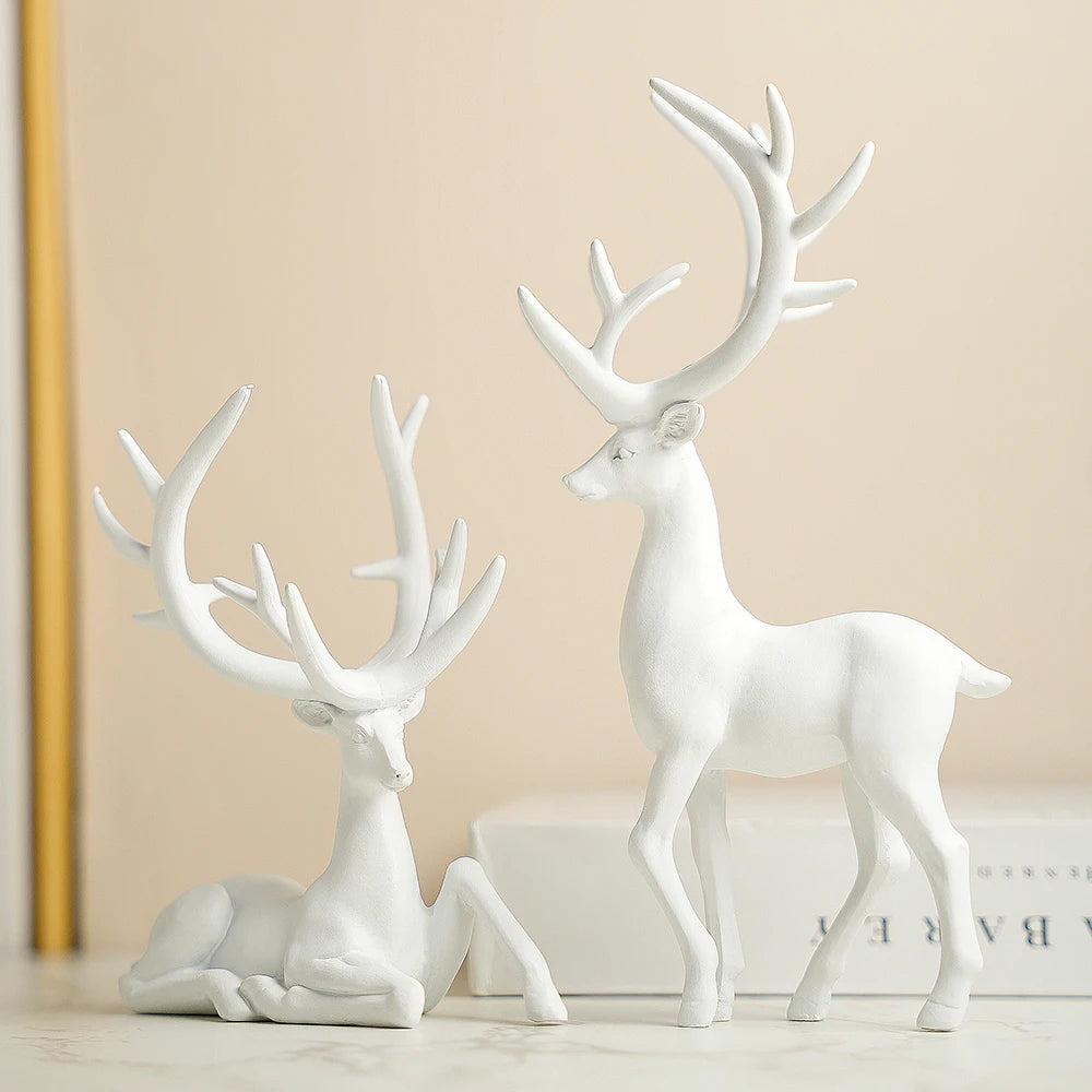 White Elk Ornaments Set - Elk Christmas Ornaments in matte resin. Minimalist standing and resting elk figurines for holiday decoration.