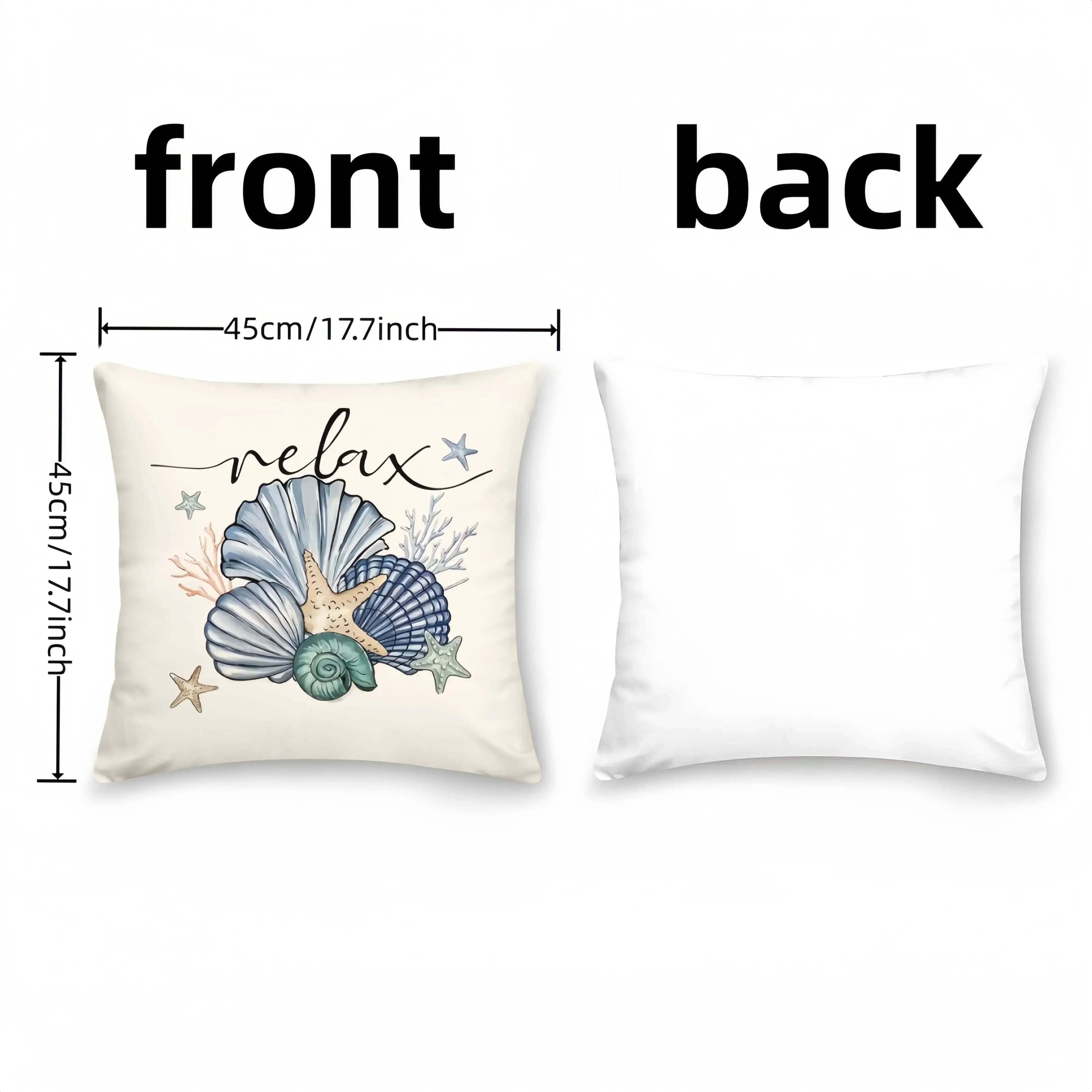 Front and back view of Ocean Home Decor Pillowcase with seashell print and 'relax' text. 45x45cm soft nautical cushion cover, no insert included.