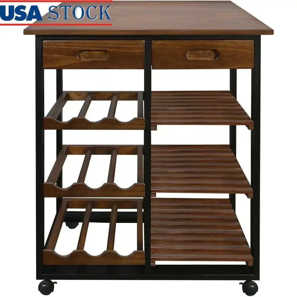 Solid Wood 4-Tier Kitchen Island Cart with wine rack, storage shelves, and drawers. Durable pine wood with black metal frame and lockable wheels.
