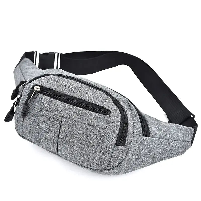 Side view of gray fanny bag waist pack with dual zippers and adjustable strap for secure daily wear.