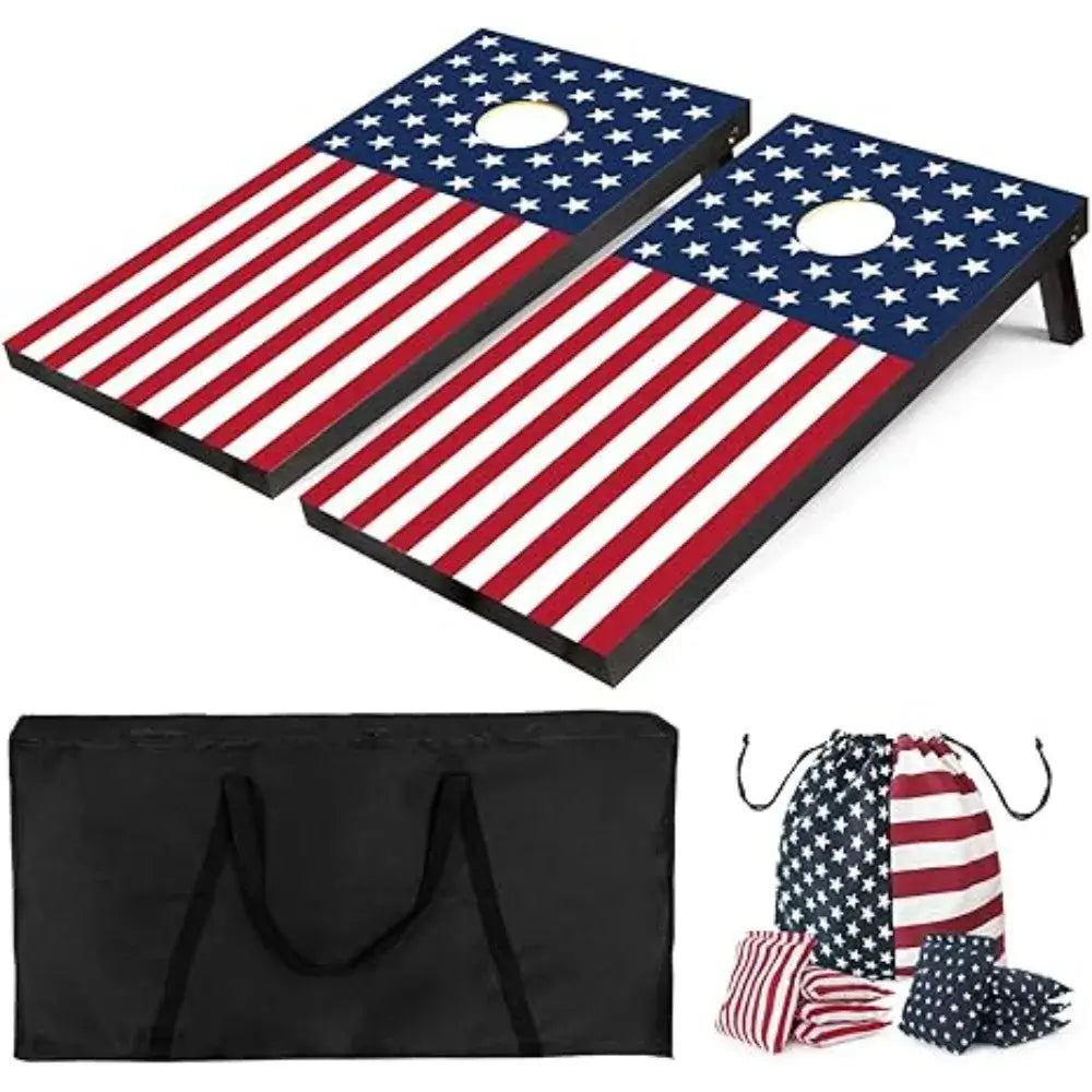 Wood Cornhole Boards Set with American flag design, 8 bean bags, and black carry case. Ideal for outdoor games and portable fun.