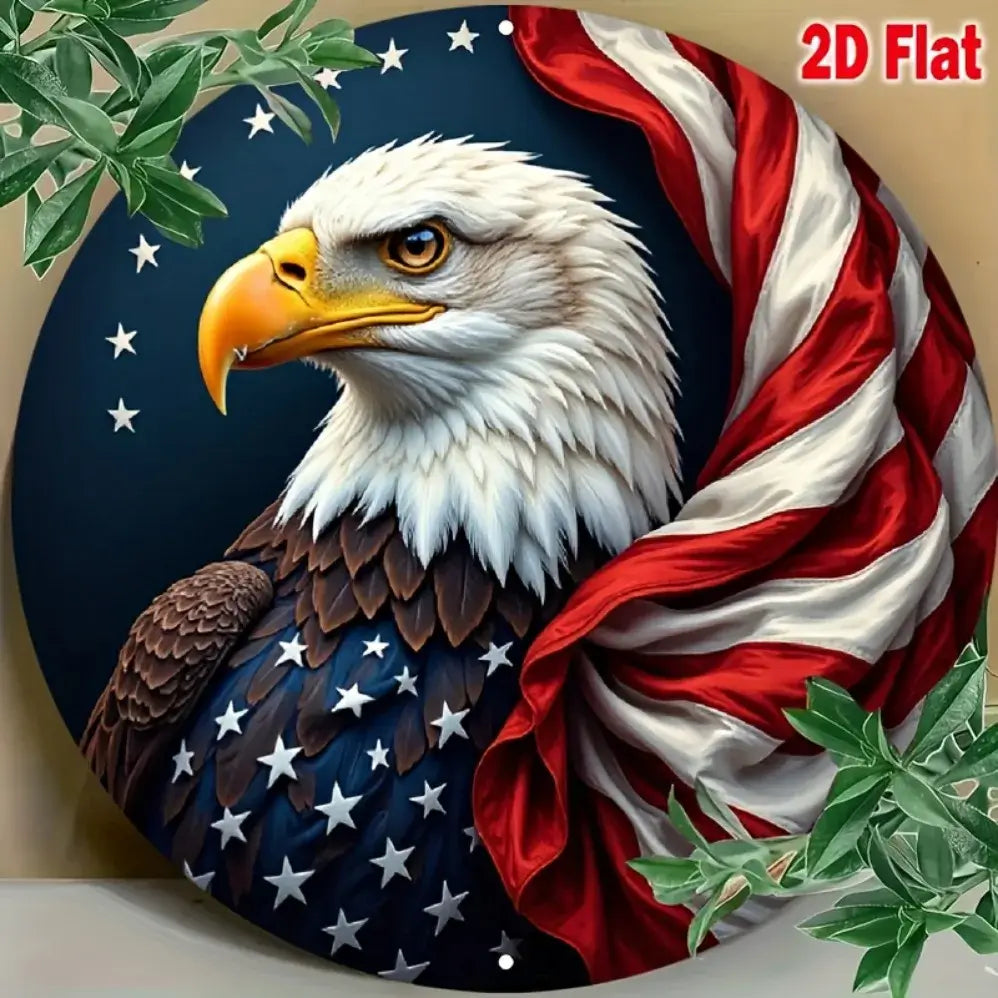 Vintage Eagle Wall Art - Aluminum 2D Sign with patriotic bald eagle and flag design, surrounded by green leaves for decor inspiration.
