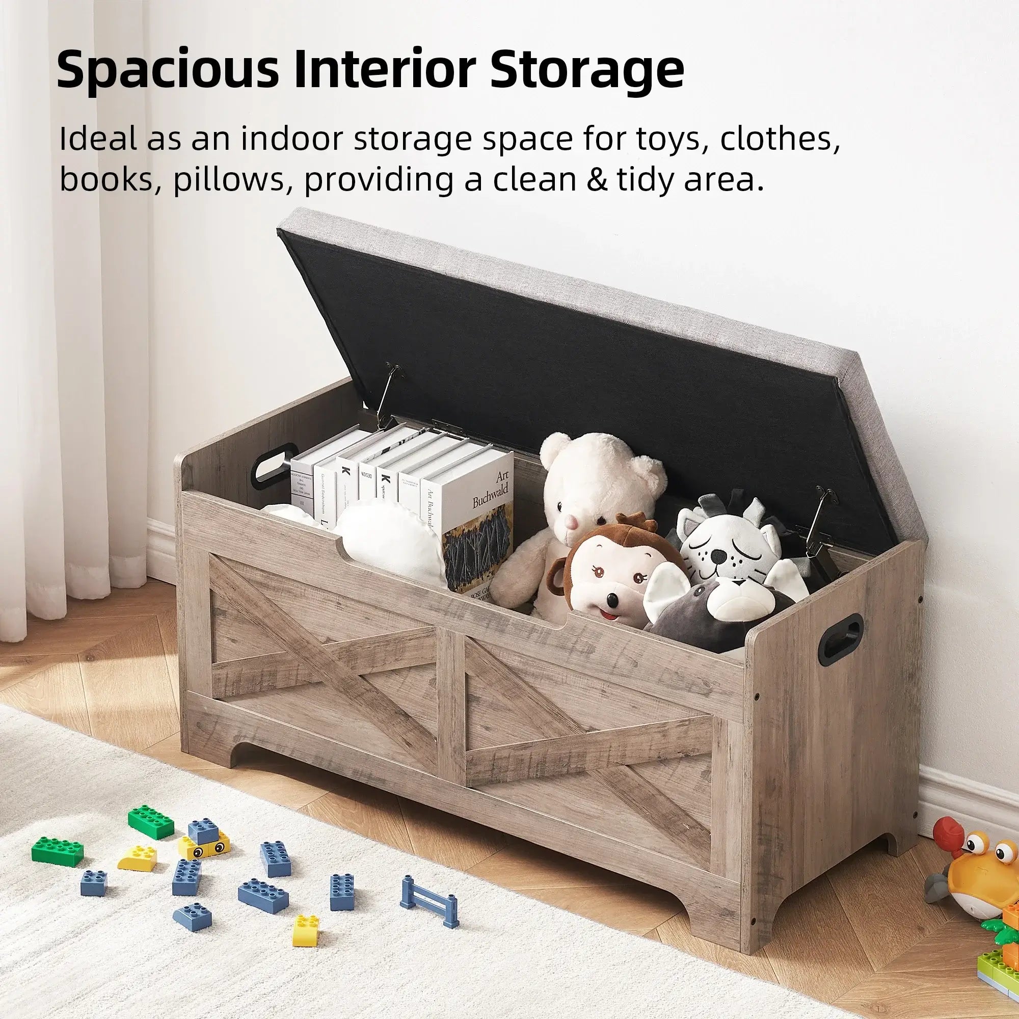 Spacious storage bench chest with open lid, filled with toys and books, ideal for keeping indoor spaces neat and organized.