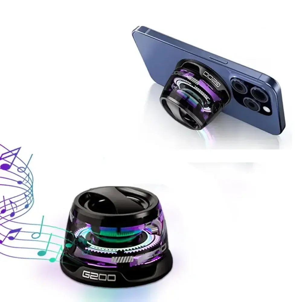 G200 RGB portable Bluetooth speaker magnetically attached to a smartphone, showcasing compact design and vibrant lighting for mobile use.