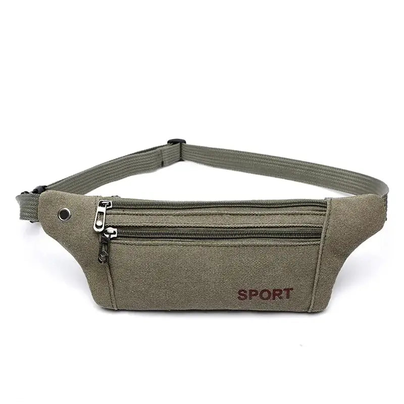 Olive green fanny bag waist pack with 'SPORT' label and twin zippered pockets for lightweight daily use.