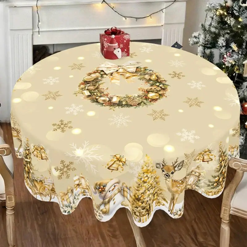 Round golden holiday tablecloth with snowman and elk print, centered with a Christmas wreath. Easy-clean fabric for seasonal decor.