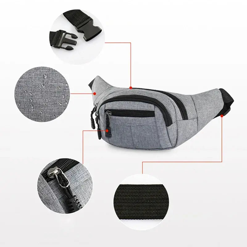 Detailed view of gray fanny bag waist pack highlighting fabric texture, zippers, and adjustable buckle strap.