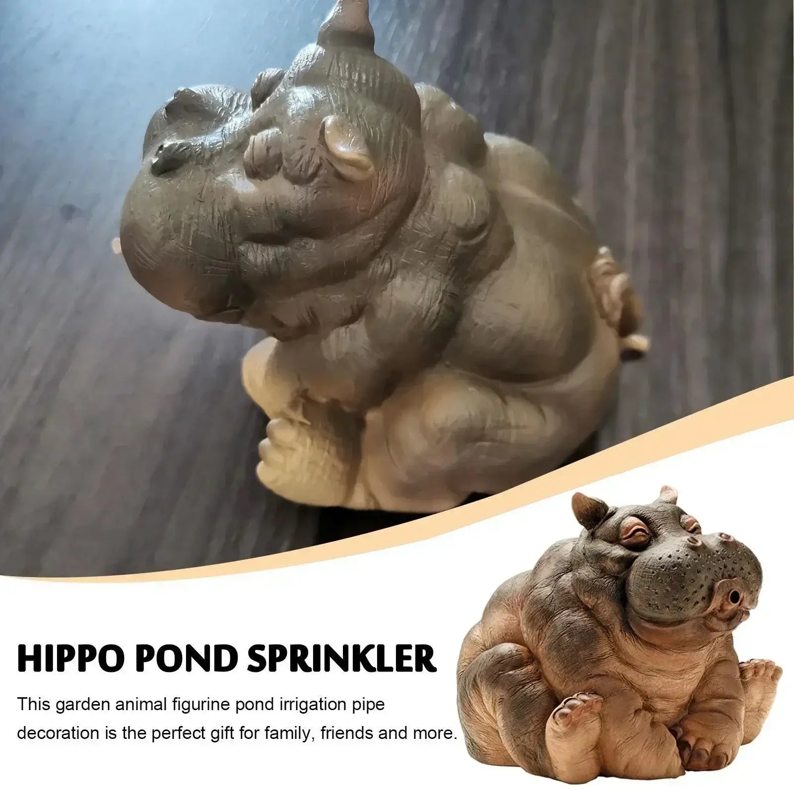 Close-up of Hippo Pond Spitter Statue with product description. Decorative and practical outdoor sprinkler for garden and pond enhancement.