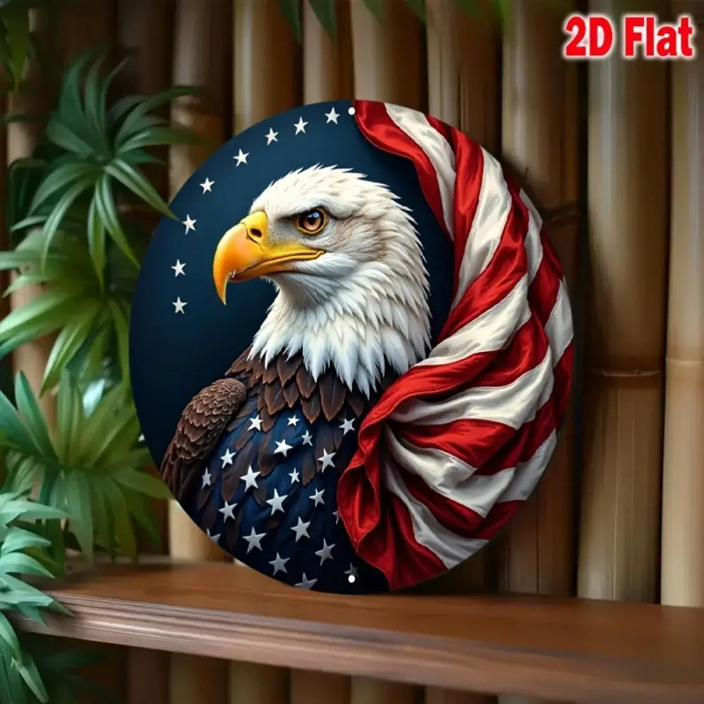 Vintage Eagle Wall Art - Aluminum 2D Sign displayed on bamboo wall, showcasing bold patriotic design for rustic home decor.