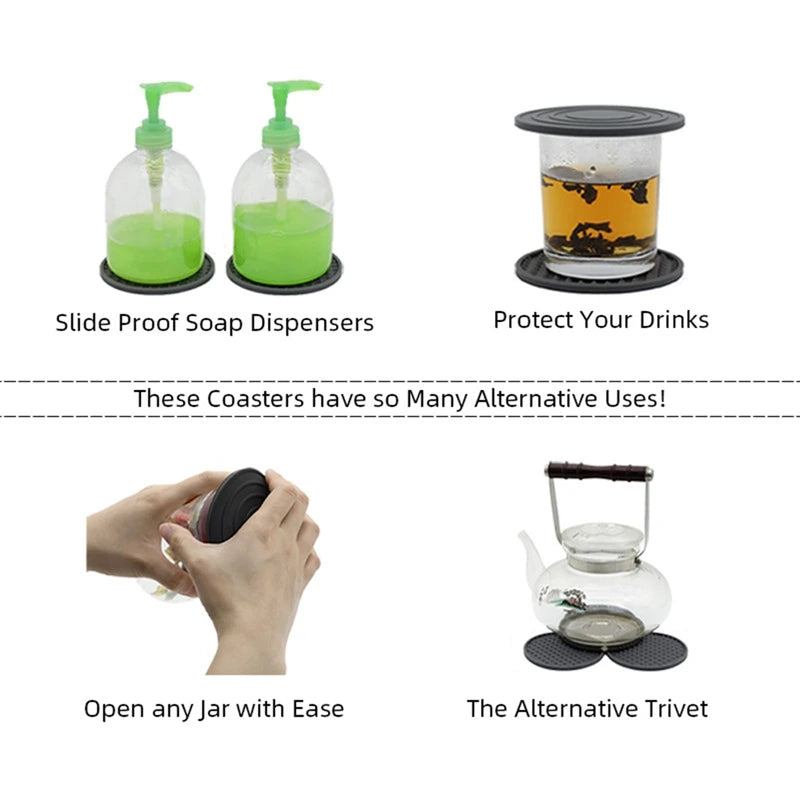 Multi-use 6Pcs Silicone Coasters Set shown as trivets, jar openers, and soap dispenser bases. Versatile and durable for home and kitchen use.