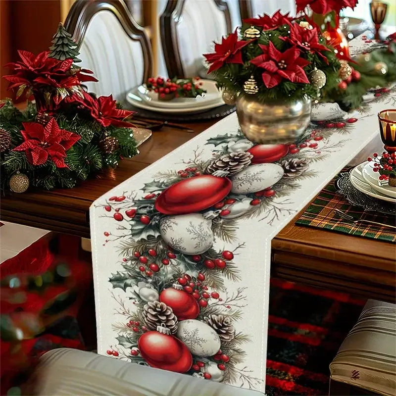 Christmas Balls Pinecone Red Berry Linen Table Runner adds holiday charm to a dining table with poinsettias and festive settings.