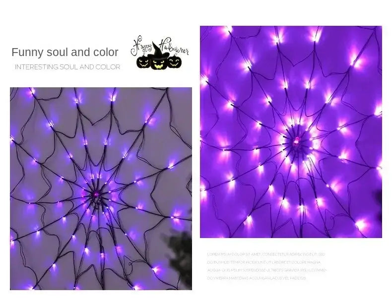 Close-up of Halloween Ghost LED Light String with purple LEDs in spider web shape, highlighting vibrant holiday lighting.
