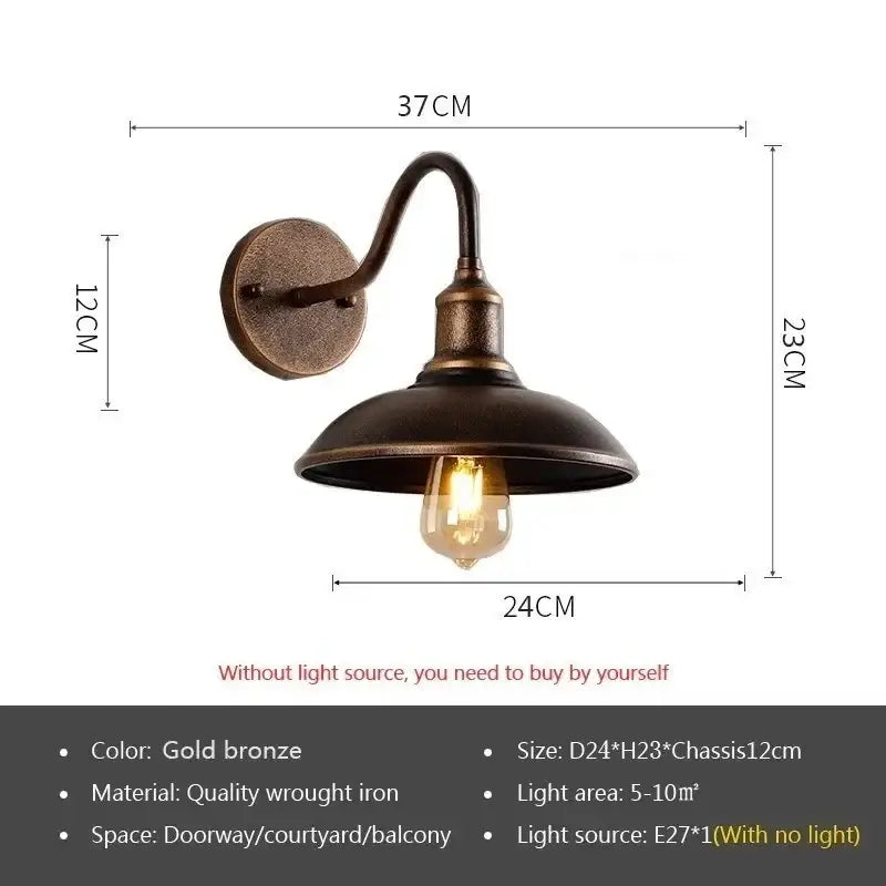 Gold bronze Retro Waterproof LED Wall Lamp with warm LED glow and detailed dimensions, perfect for rustic outdoor decor.