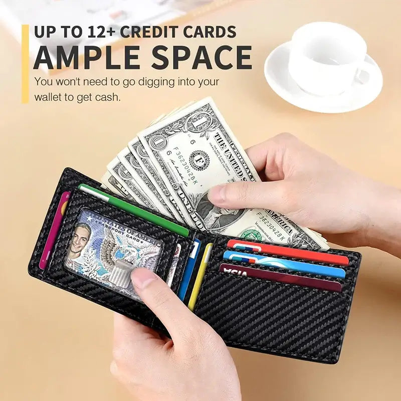 Compact RFID leather wallet holding over 12 credit cards and cash, emphasizing ample storage and organized layout.