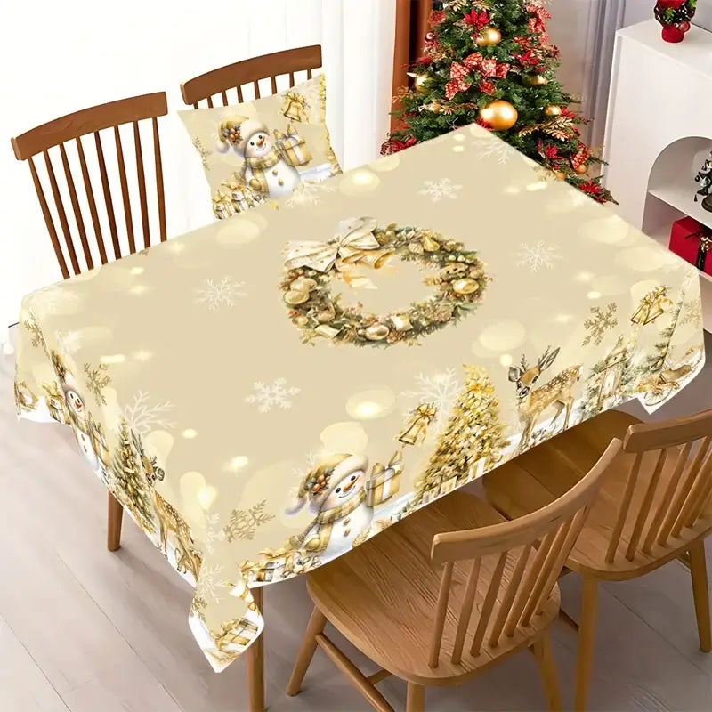 Rectangular golden Christmas tablecloth featuring snowman, elk, and wreath design. Perfect for holiday dining, durable and easy to maintain.