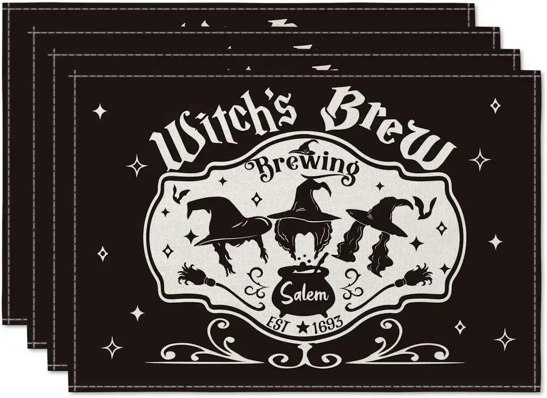 4PCS Halloween Table Placemats - Linen with 'Witch's Brew' cauldron and witch hats. Vintage-style Halloween table decor.