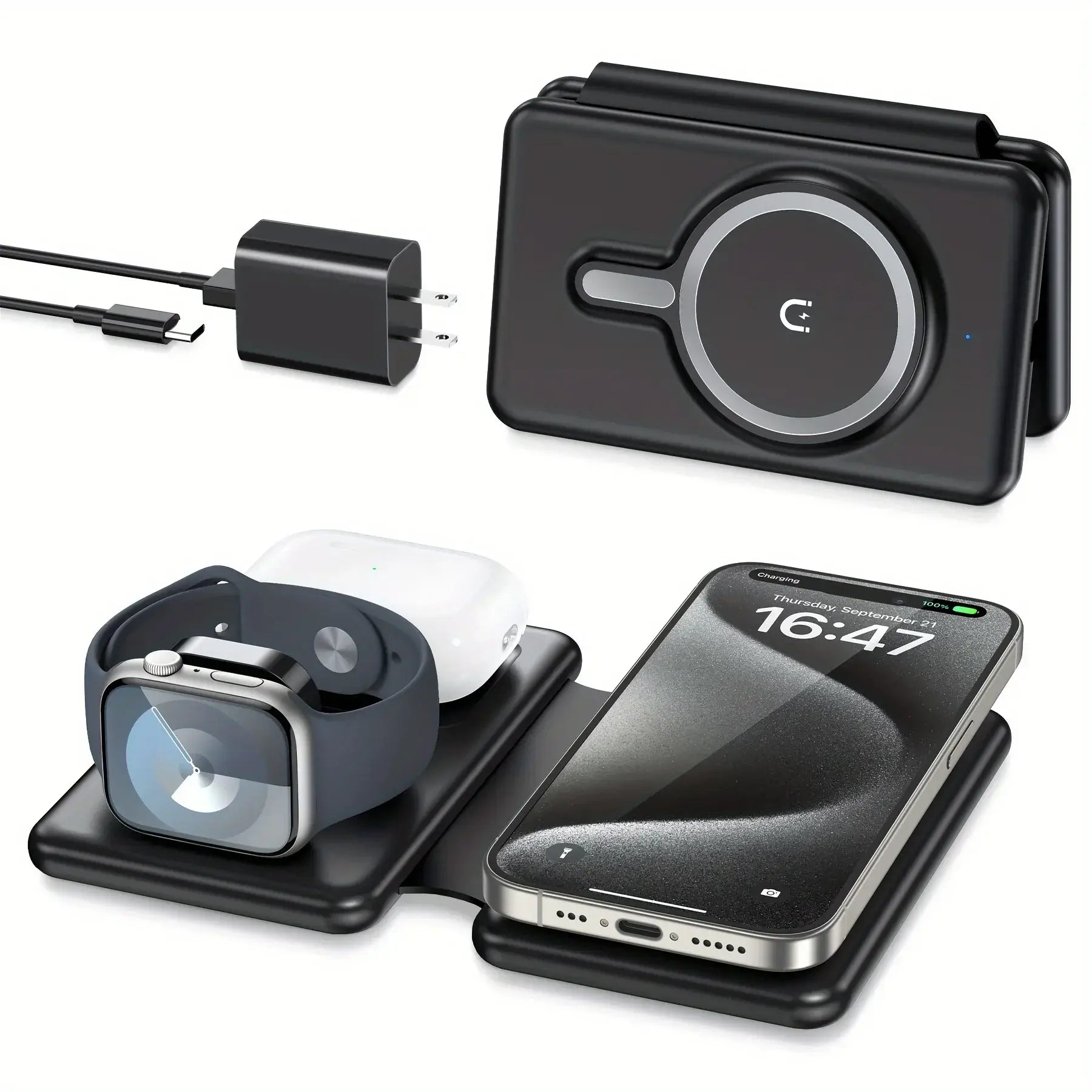 Black 3-in-1 Wireless Charger with Apple MagSafe supports fast charging for iPhone, Apple Watch, and AirPods in a foldable design.