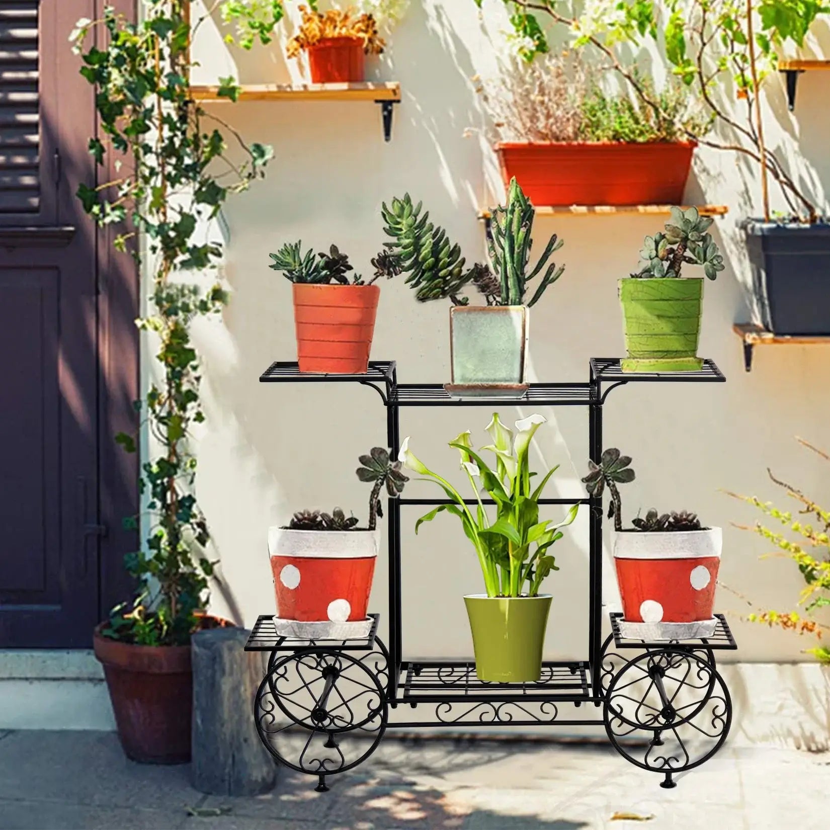 6-tier metal garden cart with potted plants, perfect for organizing gardening tools and supplies outdoors.