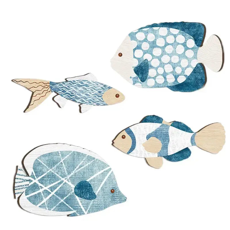 Set of four Wooden Nautical Fish Wall Sculptures in blue and white tones with coastal patterns, ideal for nautical-themed home decor.