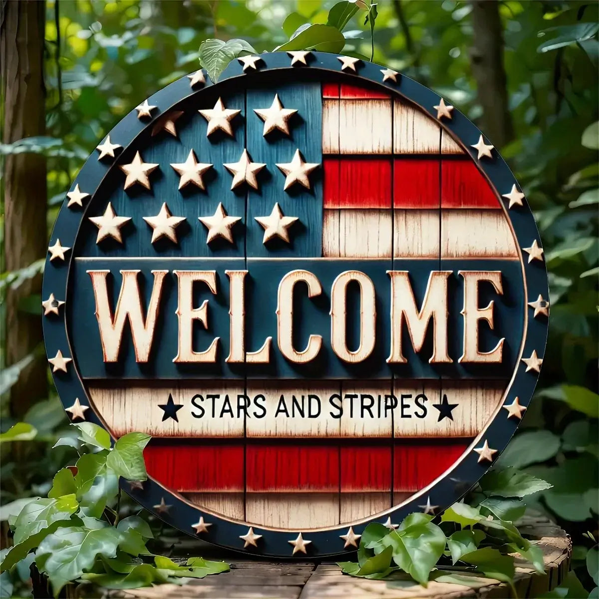 Patriotic Round Metal Welcome Wreath Sign