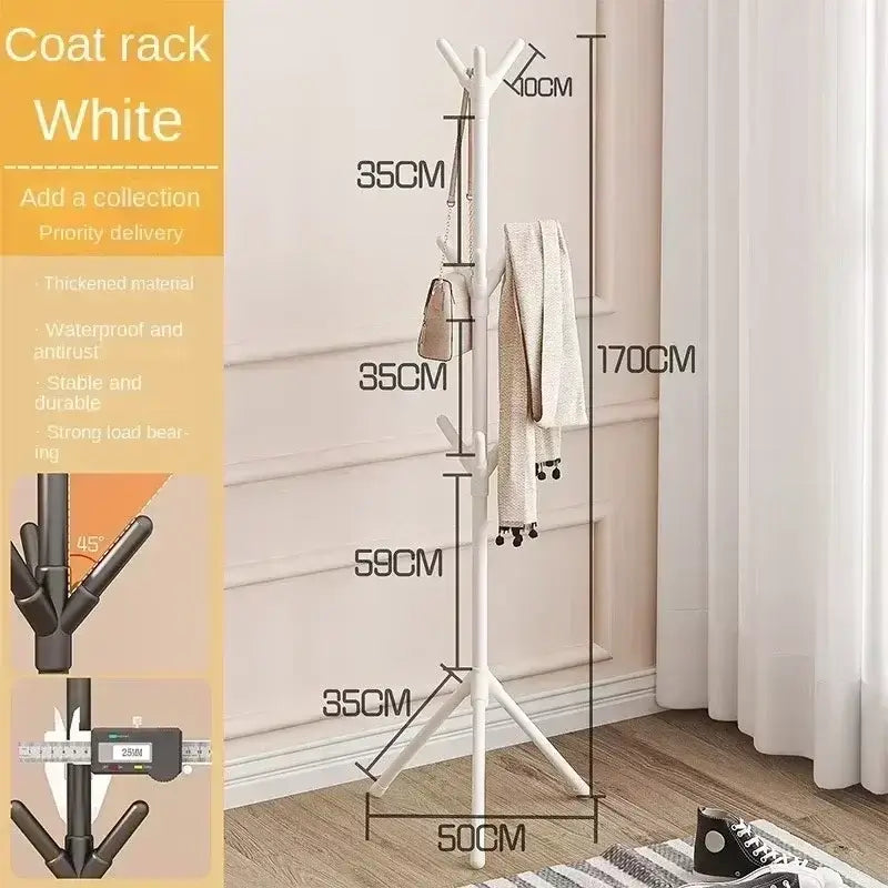 White vertical coat rack with tree branch design, 170cm tall with 9 hooks. Includes labeled dimensions and product features.