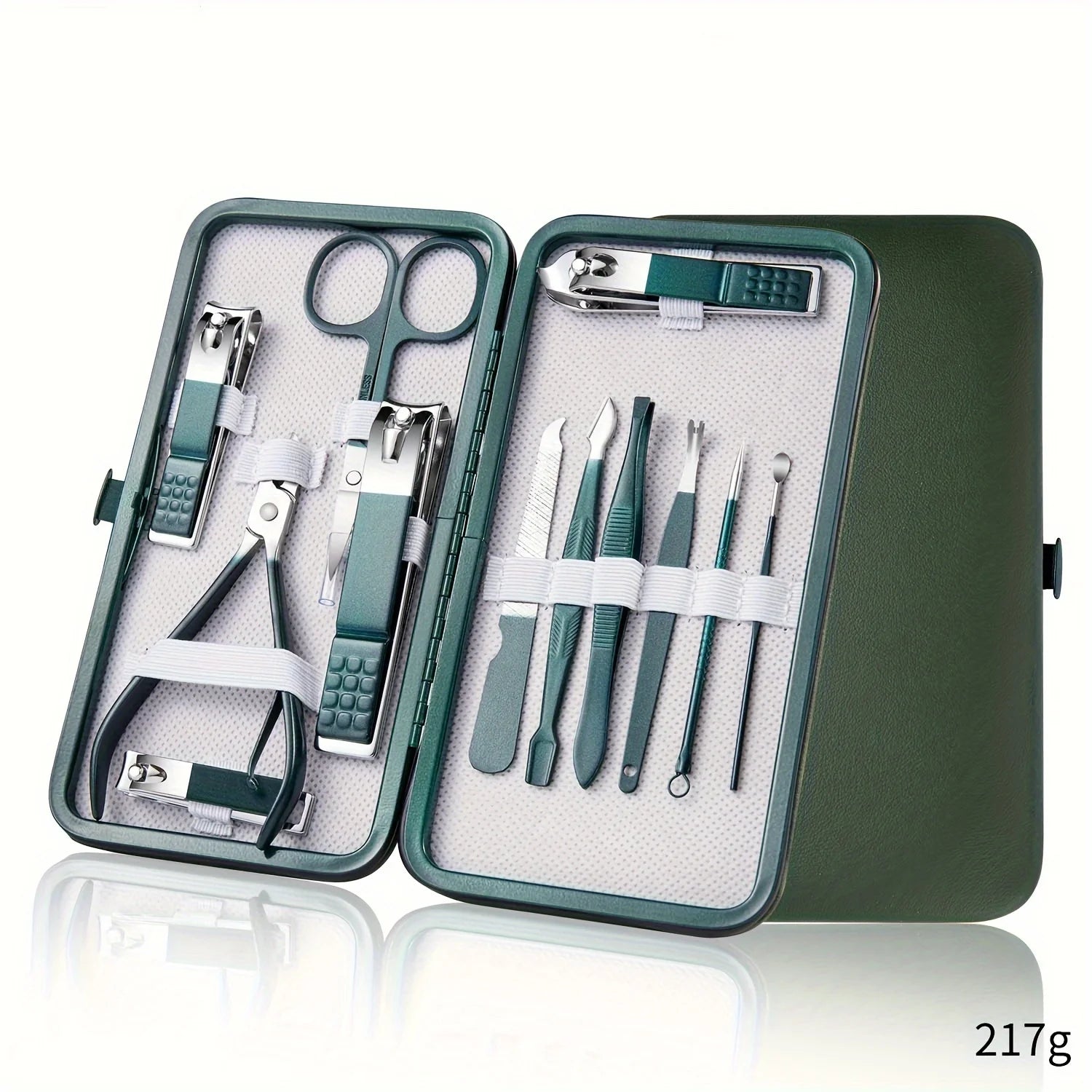 18-piece Nail Care Kit Stainless Steel - Portable Set with green case and labeled 217g. Includes full range of manicure and pedicure tools.