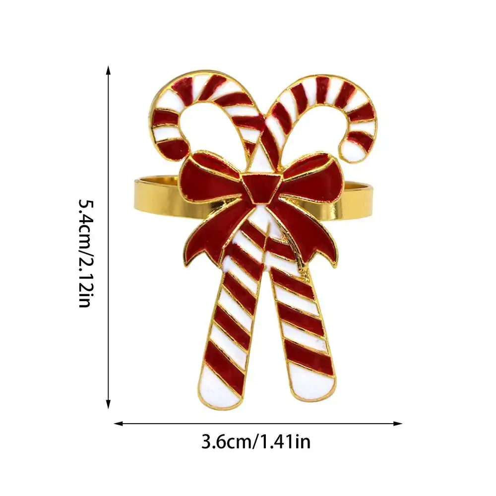 Gold Candy Cane Napkin Ring with festive red and white striped design and bow, measuring 5.4cm x 3.6cm for holiday table decor.