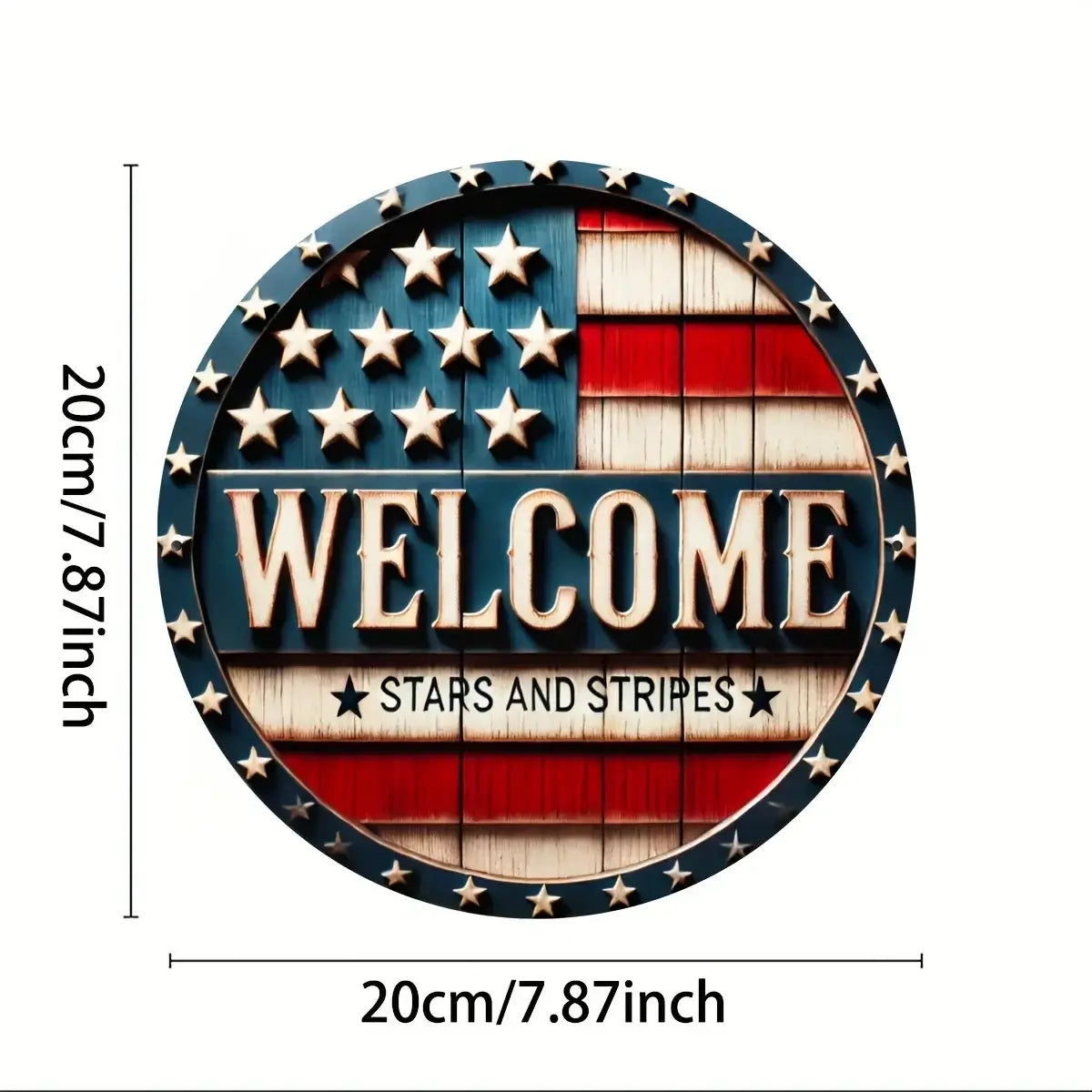Patriotic Round Metal Welcome Wreath Sign