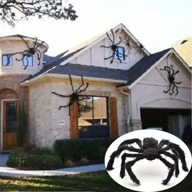 Giant Black Spider Decoration for Halloween displayed on a house exterior with multiple plush spiders attached to walls and roof. Ideal for outdoor spooky decor.