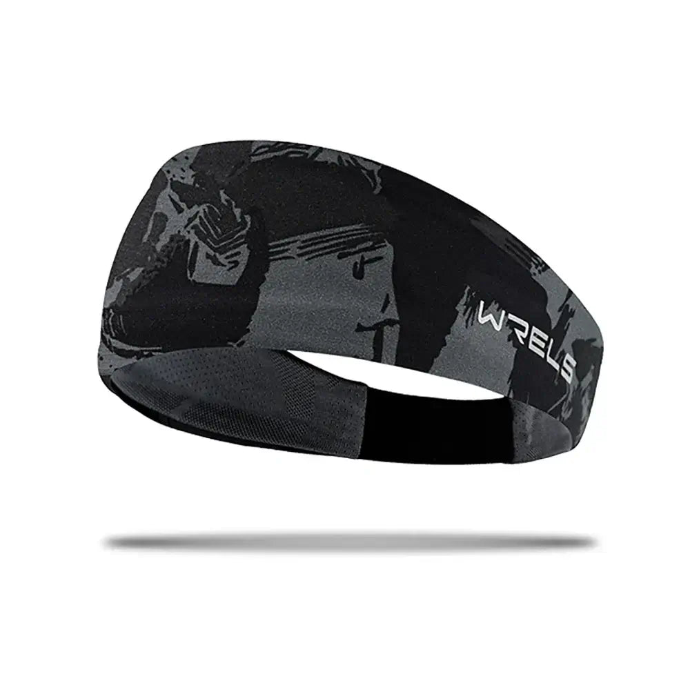 Black and grey camo Running Sweat Absorbing Hair Band with elastic fit and sweat-wicking design.
