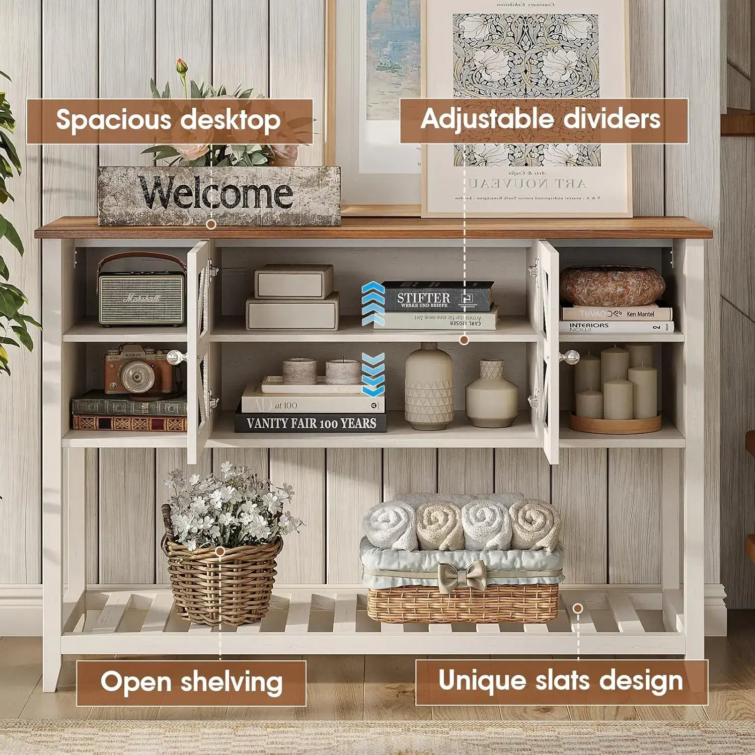 Entryway Table with 2 Screen Doors & 5 Open Storage Shelves