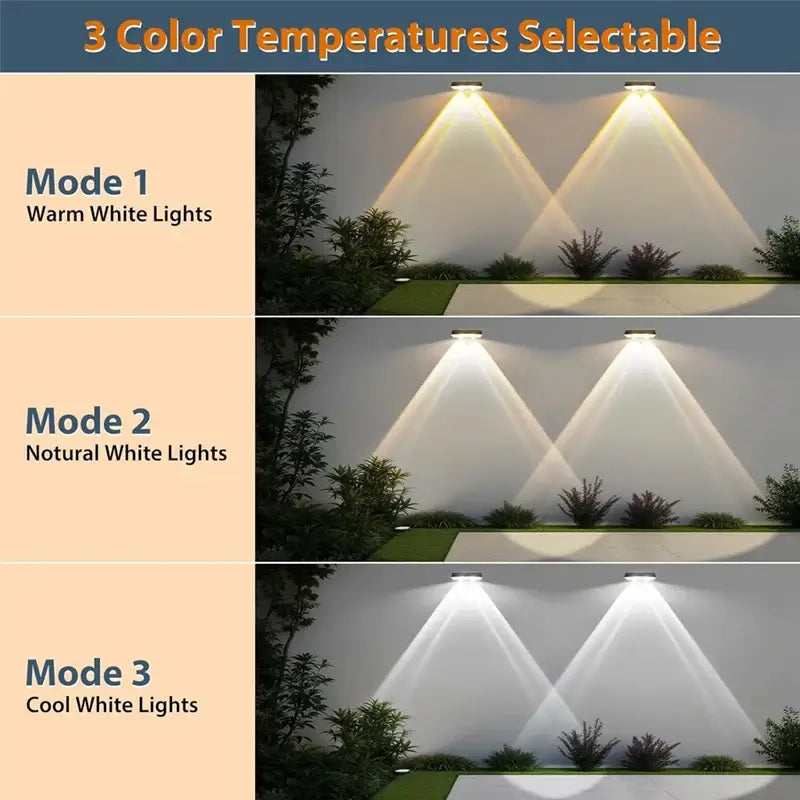 LED Solar Fence Lights Outdoor with 3 selectable color temperatures: warm, natural, and cool white for customizable outdoor ambiance.