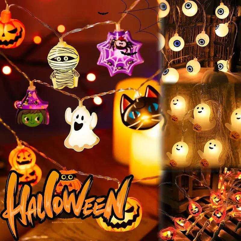 LED string lights for Halloween with ghosts, pumpkins, mummies, and cats. Ideal festive decor for indoor or outdoor spooky setups.