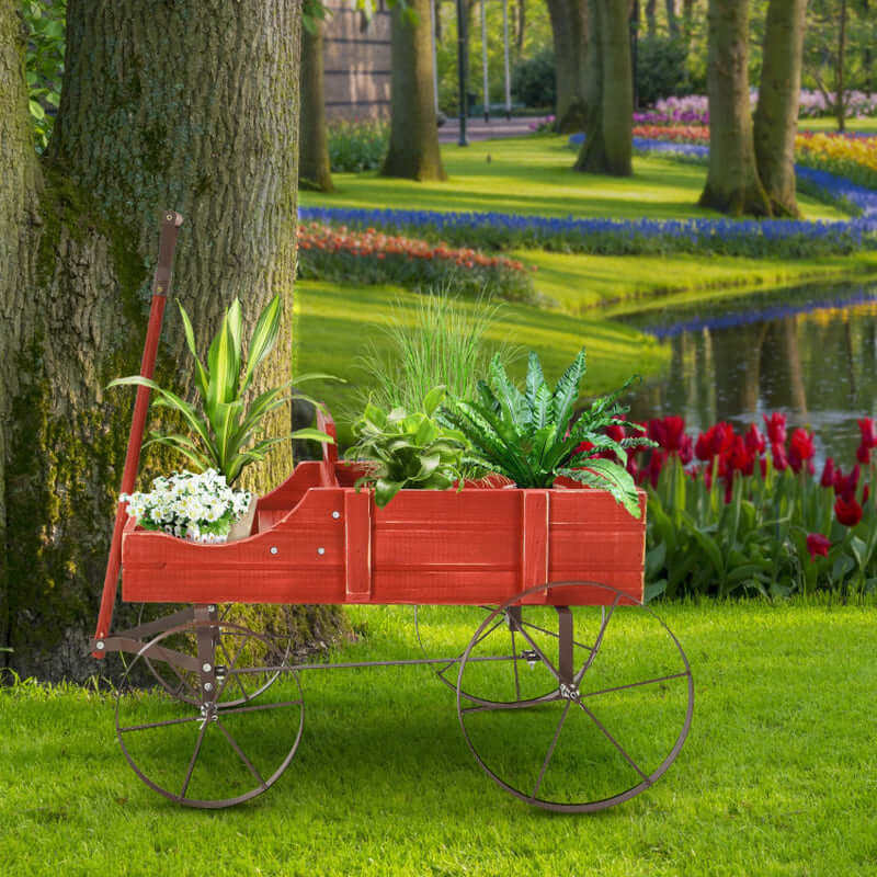 Charming Wooden Wagon Plant Bed with Durable Metal Wheels for Your Garden, Yard, or Patio