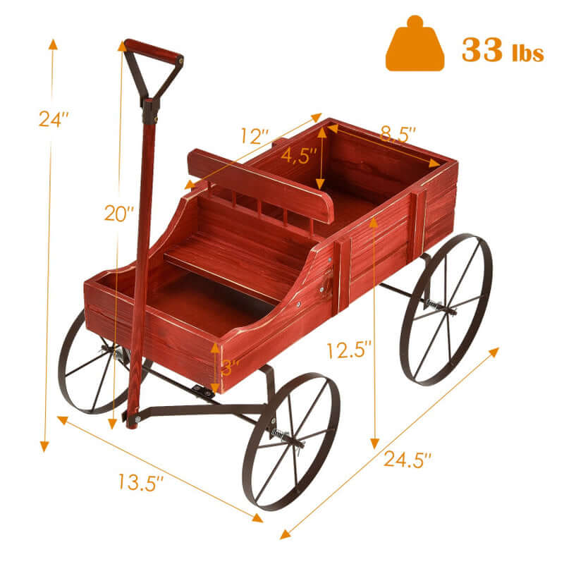 Charming Wooden Wagon Plant Bed with Durable Metal Wheels for Your Garden, Yard, or Patio