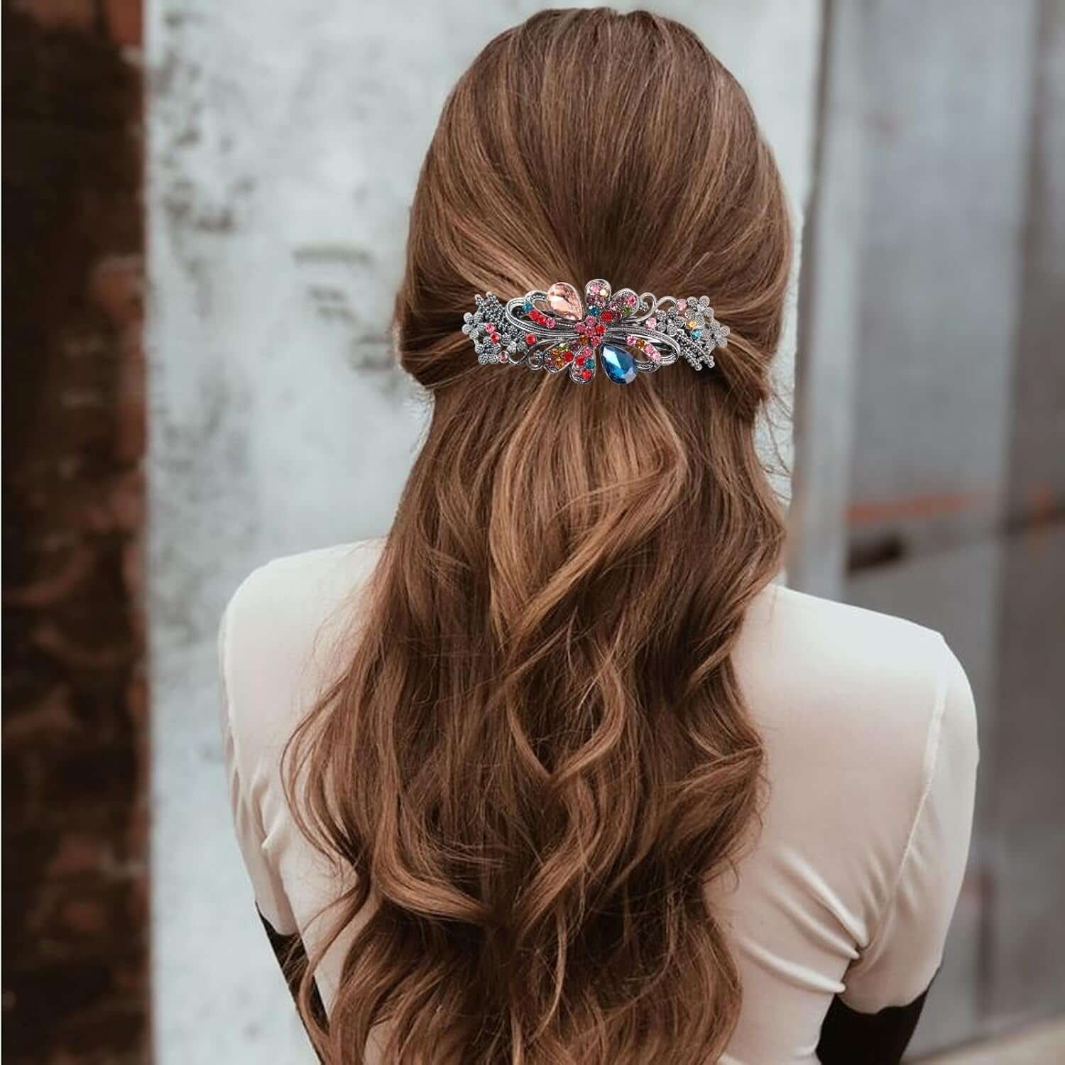 4Pcs Sparkling Rhinestone Hair Barrettes,Flower Pearl Crystal Hair Clip Butterfly Rhinestone Spring Hair Barrette Clip Alloy Press Button Ponytail Braid Plate Hair Barrettes for Women Accessories