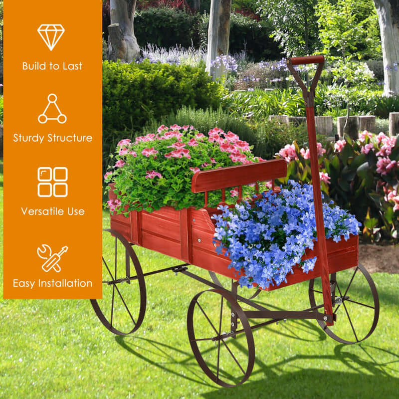 Charming Wooden Wagon Plant Bed with Durable Metal Wheels for Your Garden, Yard, or Patio