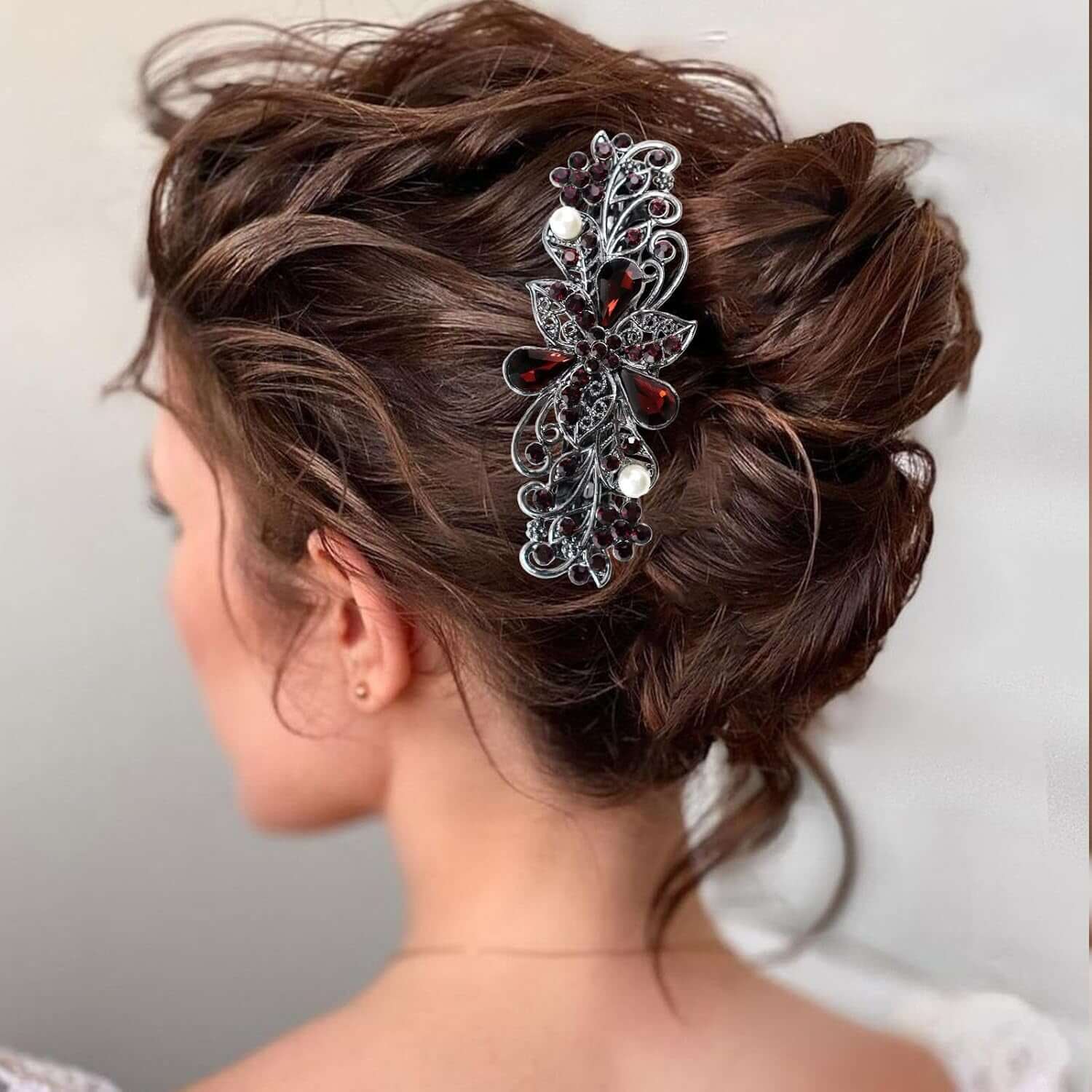 4Pcs Sparkling Rhinestone Hair Barrettes,Flower Pearl Crystal Hair Clip Butterfly Rhinestone Spring Hair Barrette Clip Alloy Press Button Ponytail Braid Plate Hair Barrettes for Women Accessories