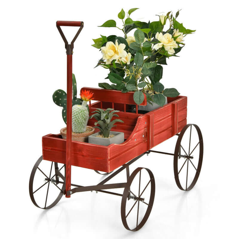 Charming Wooden Wagon Plant Bed with Durable Metal Wheels for Your Garden, Yard, or Patio