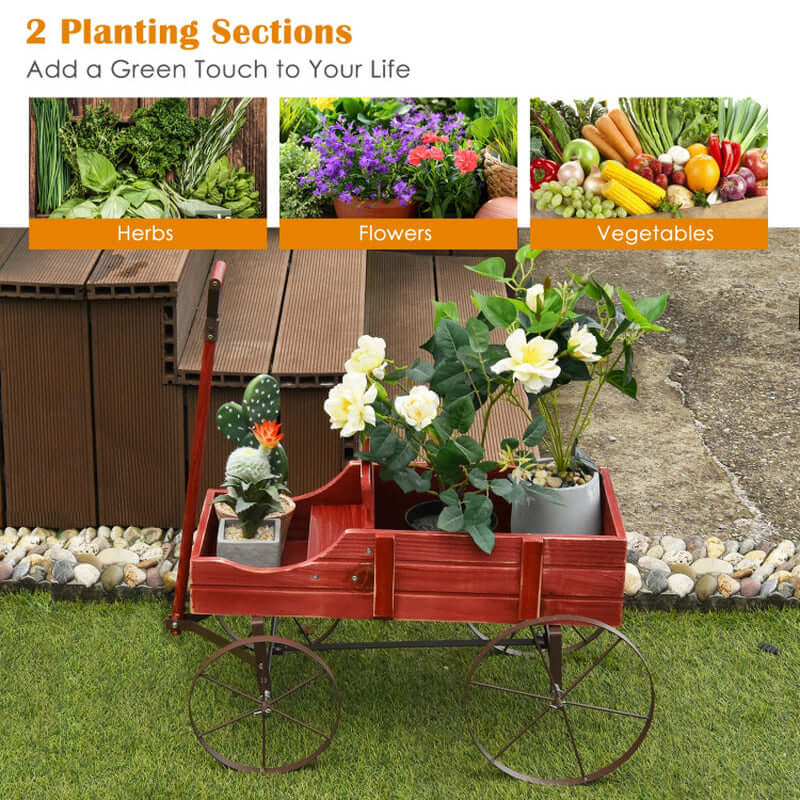 Charming Wooden Wagon Plant Bed with Durable Metal Wheels for Your Garden, Yard, or Patio