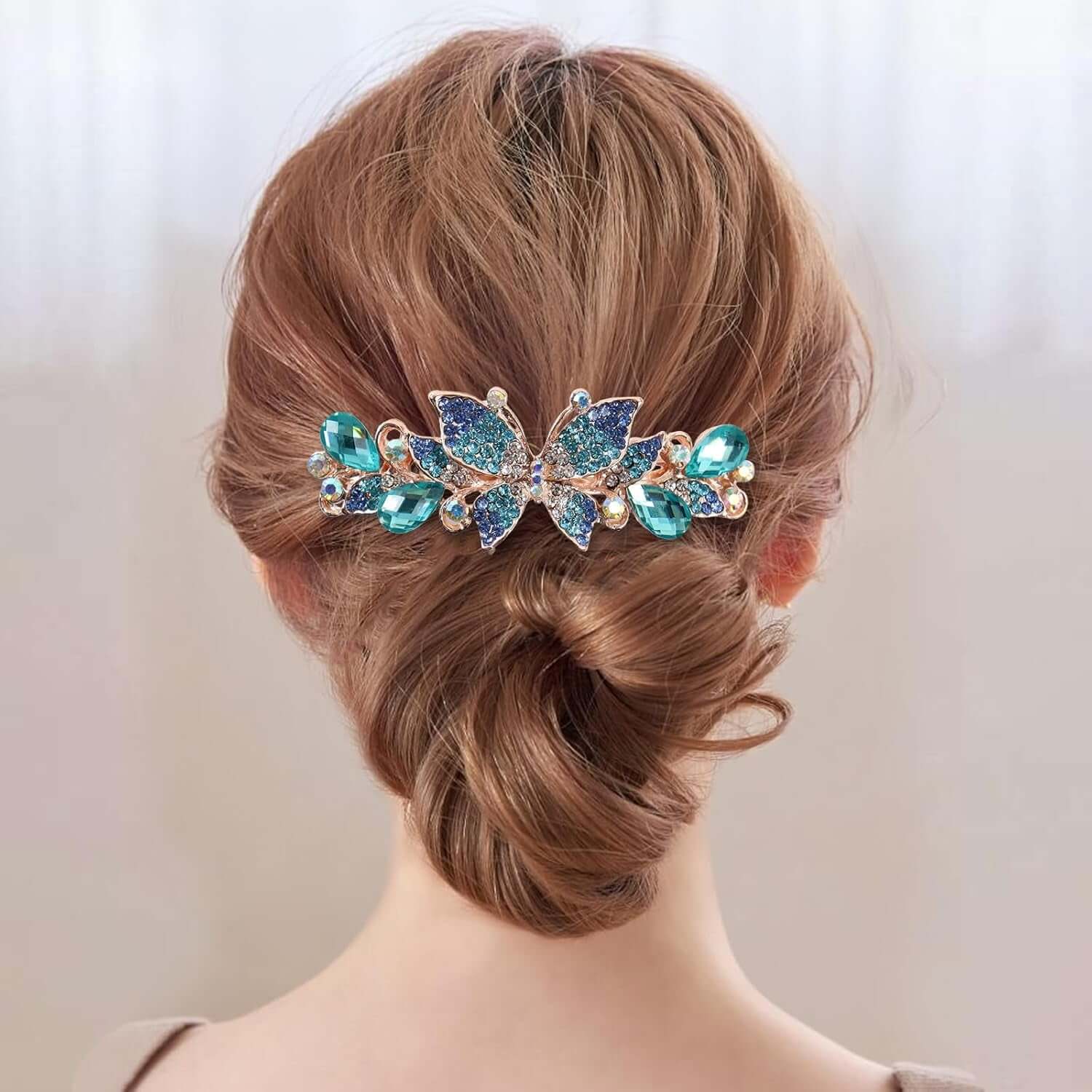 4Pcs Sparkling Rhinestone Hair Barrettes,Flower Pearl Crystal Hair Clip Butterfly Rhinestone Spring Hair Barrette Clip Alloy Press Button Ponytail Braid Plate Hair Barrettes for Women Accessories