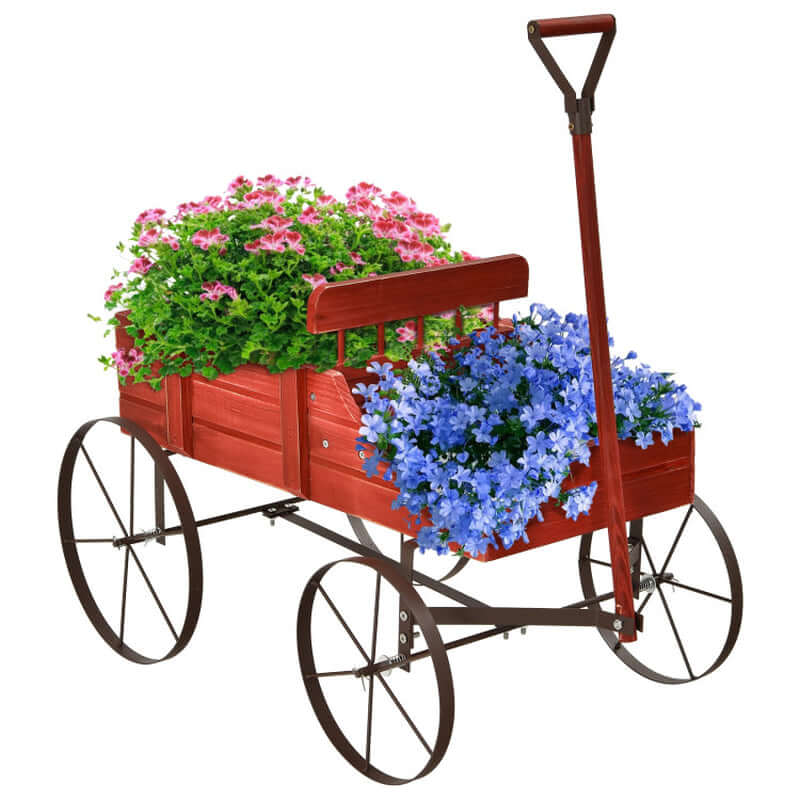 Charming Wooden Wagon Plant Bed with Durable Metal Wheels for Your Garden, Yard, or Patio