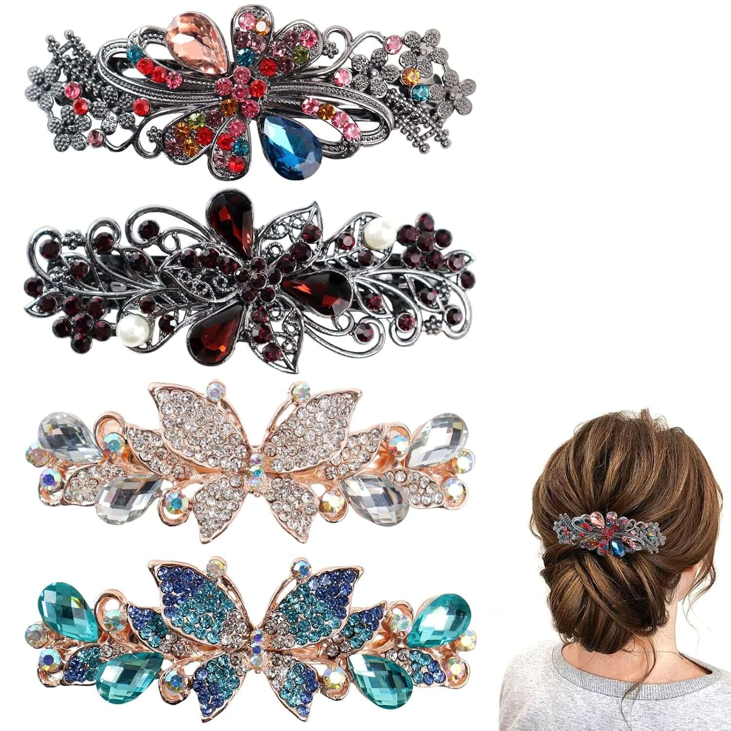 4Pcs Sparkling Rhinestone Hair Barrettes,Flower Pearl Crystal Hair Clip Butterfly Rhinestone Spring Hair Barrette Clip Alloy Press Button Ponytail Braid Plate Hair Barrettes for Women Accessories